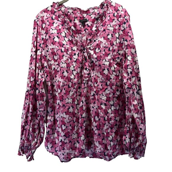 Talbots Tops - Talbots Women's Top L Pink White Gauzy 100% Cotton Popover Buttons Smocked Cuffs